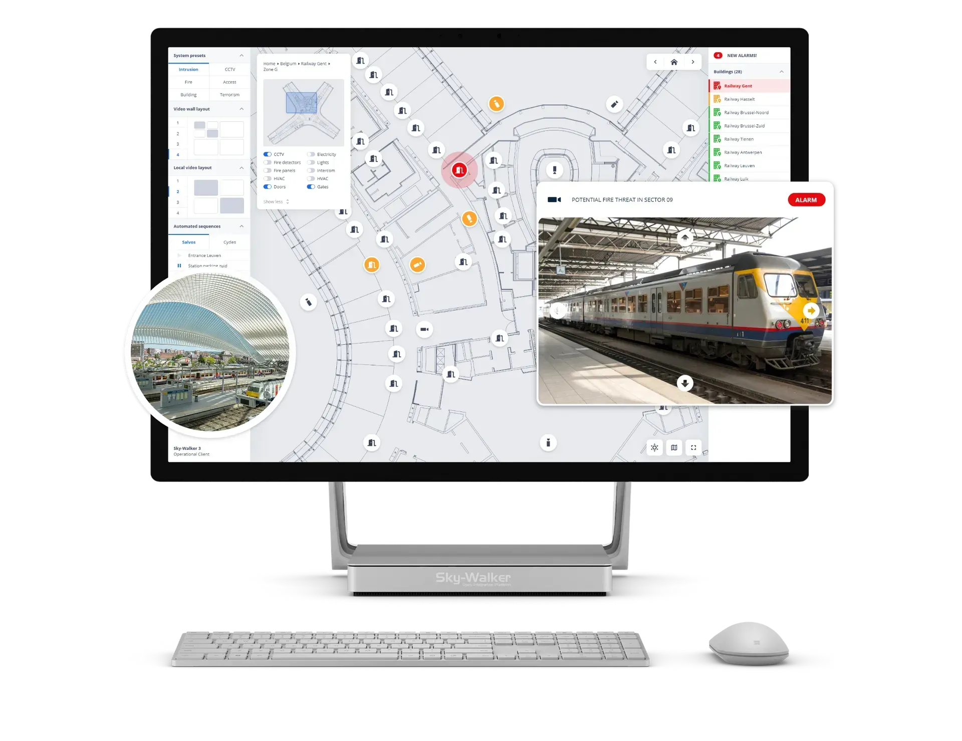 Computer monitor displaying Sky-Walker and public transport with data overlays. Computer monitor displaying Sky-Walker and public transport with data overlays.