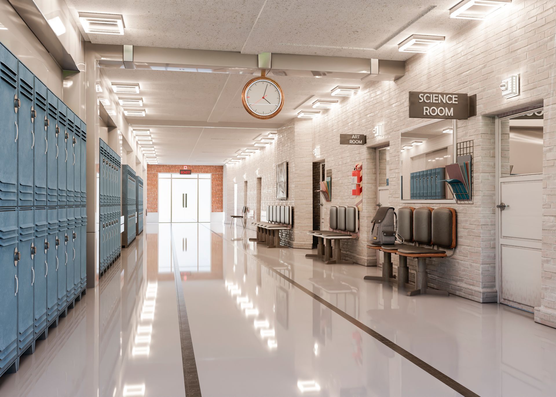 How Sky-Walker Enhances Safety and Security on Campuses? Click here and get more insights! A school corridor with science room and art room and lockers on the left