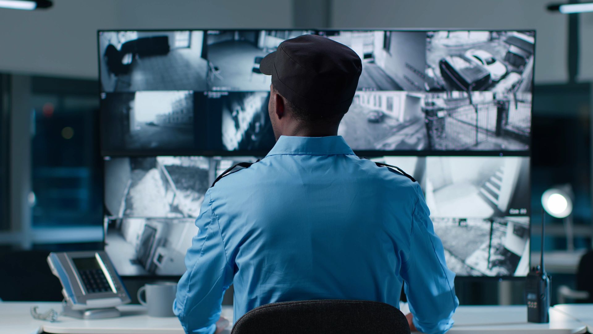 Learn more about control rooms and Sky-Walker, click here! a security operator in a control room with video wall and monitor that runs Sky-Walker PSIM software