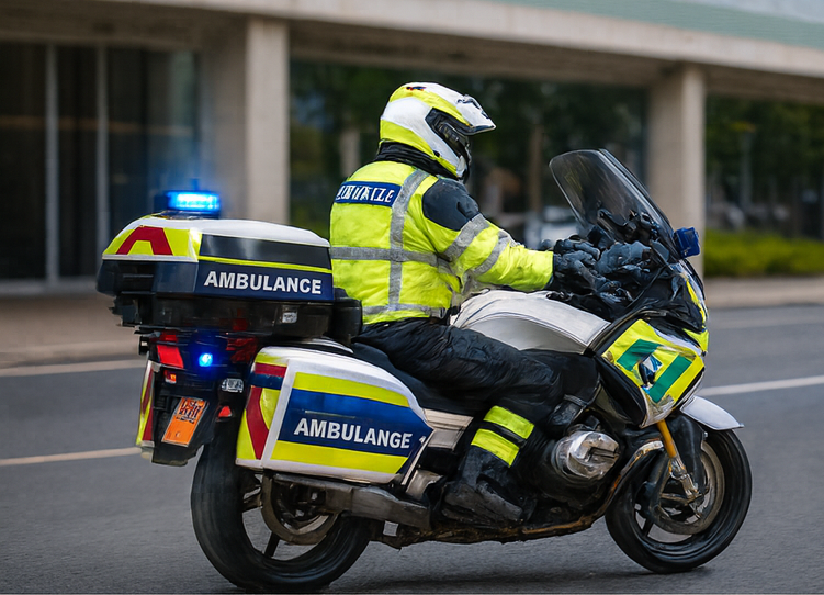 Ambulance motorcycle with rider in reflective jacket and helmet, blue lights flashing.