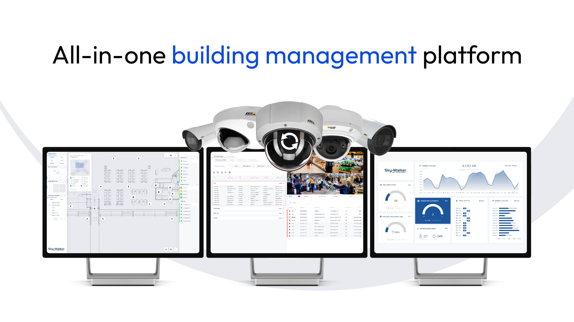 Three computer monitors displaying building management data, with security cameras above them with Sky-Walker Three computer monitors displaying building management data, with security cameras above them with Sky-Walker