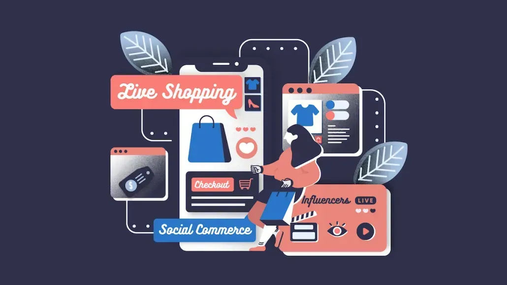 Online shopping concept with phone, tablet, website displays, and shopping bag on a blue background. Sky-Walker Online shopping concept with phone, tablet, website displays, and shopping bag on a blue background. Sky-Walker