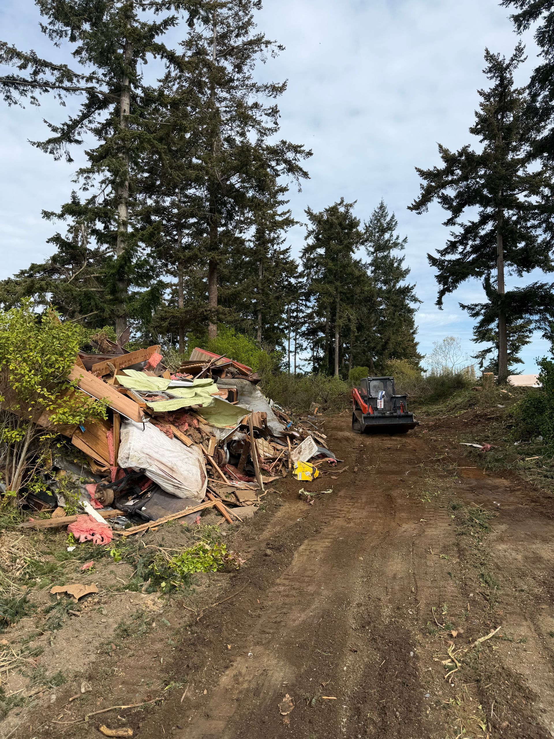 Dirt road beside a collapsed debris pile and excavator, with tall evergreen trees in the background