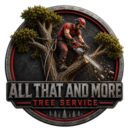 Logo for All That and More Tree Service with a tree climber in a tree over bold black and red text