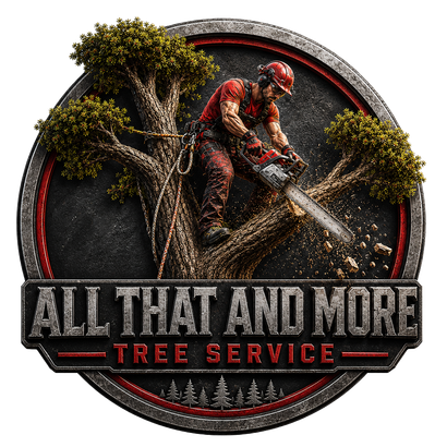Logo for All That and More Tree Service with a tree-trimming worker in red and black above the company name