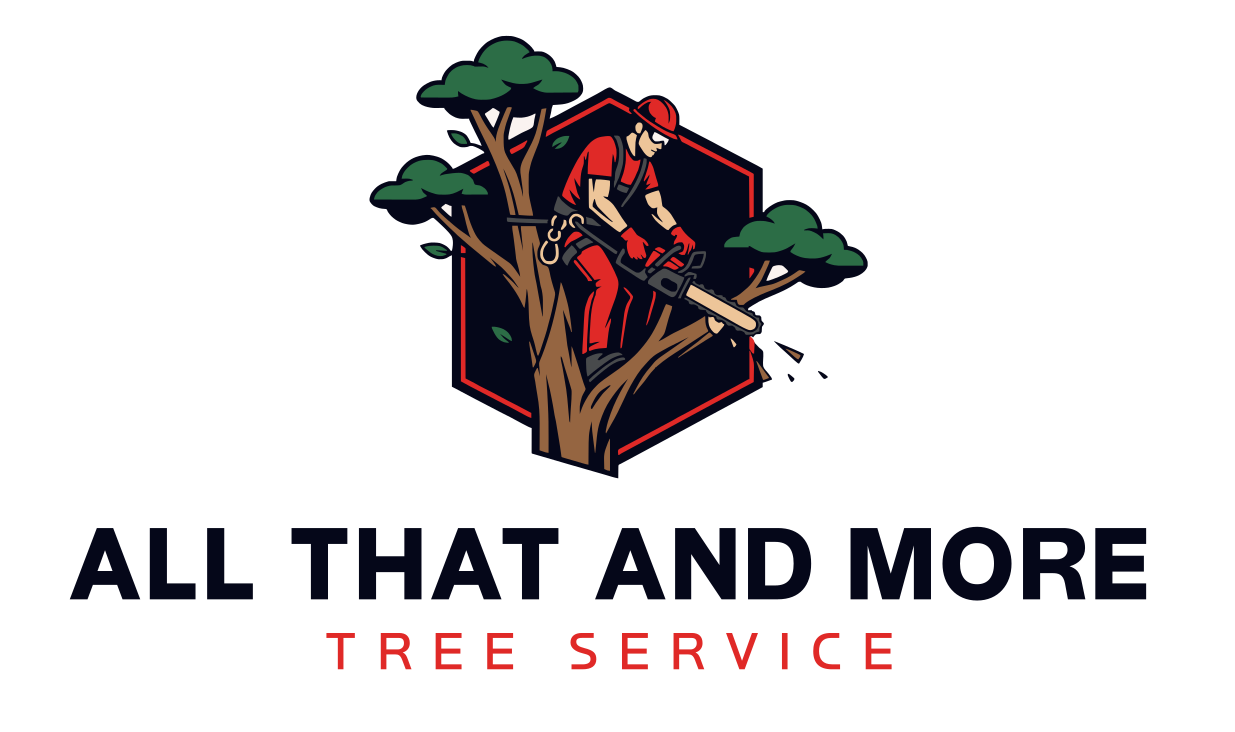 Logo for All That and More Tree Service with a tree-trimming worker in red and black above the company name