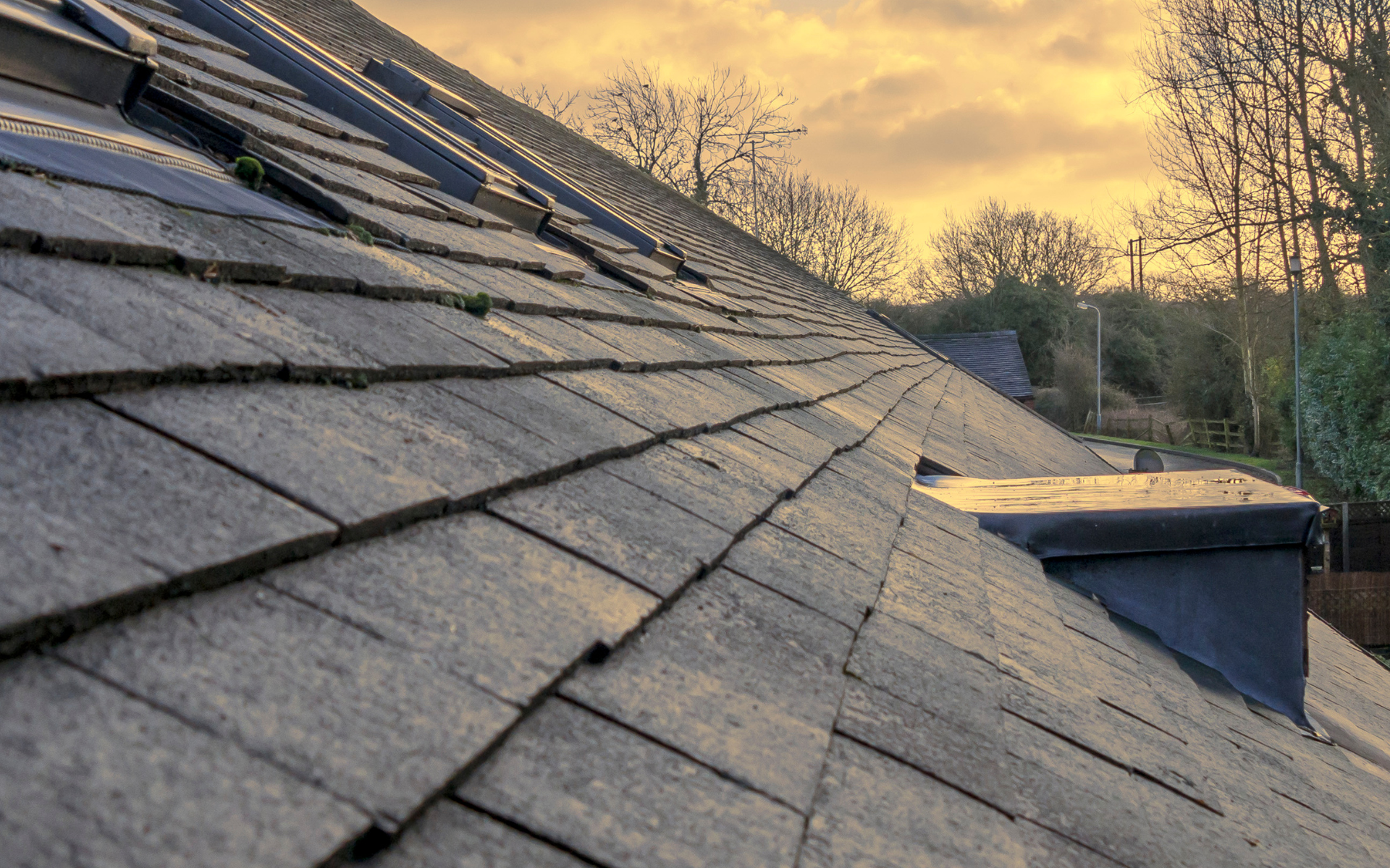 Sloped gray shingle roof at sunset with rooftop vent and trees in the background