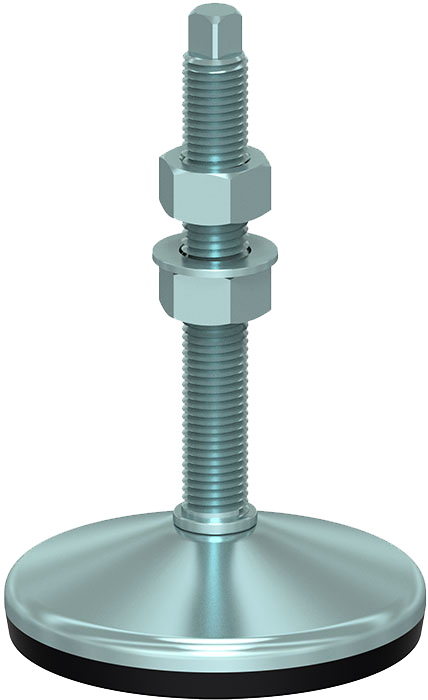 A metal screw with nuts and washers on a white background.