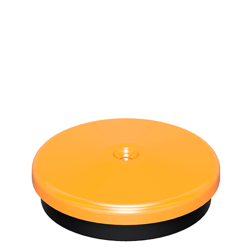 A round orange object with a black base on a white background.