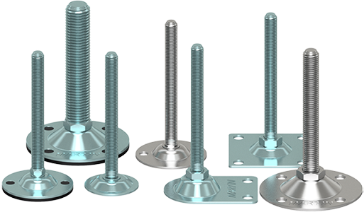 A group of stainless steel screws and plates on a white background.