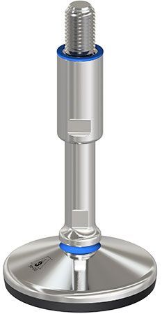 A stainless steel screw with a blue ring around it on a white background.