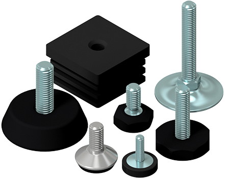 A bunch of screws and rubber pads on a white background