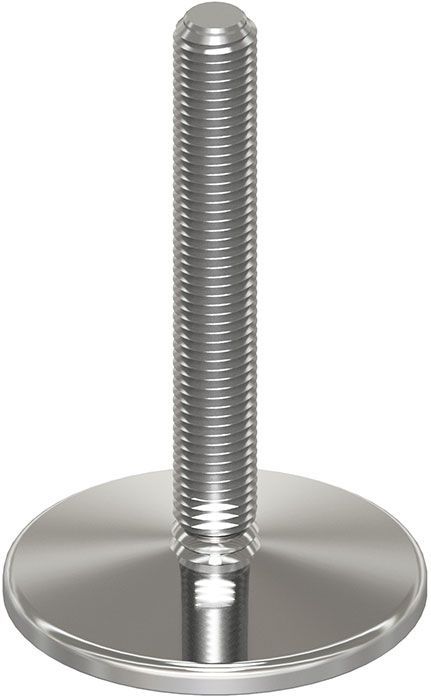 A close up of a stainless steel bolt with a round base on a white background.