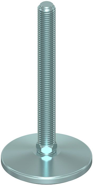 A steel bolt with a round base on a white background.