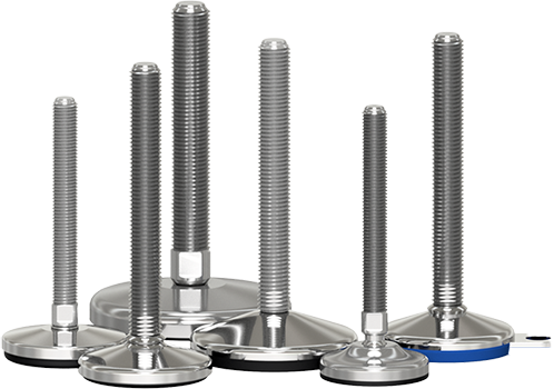 A group of stainless steel screws and pads on a white background.