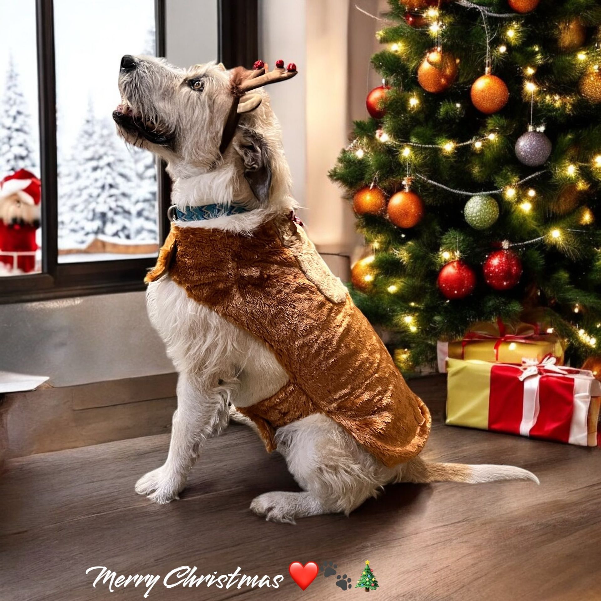 Dog In a Sweater Sitting by a Lit Christmas Tree and Gifts — Costumes Galore In Maroochydore, QLD