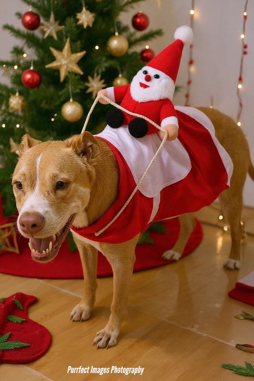 Dog In Santa Costume by a Decorated Christmas Tree — Costumes Galore In Maroochydore, QLD