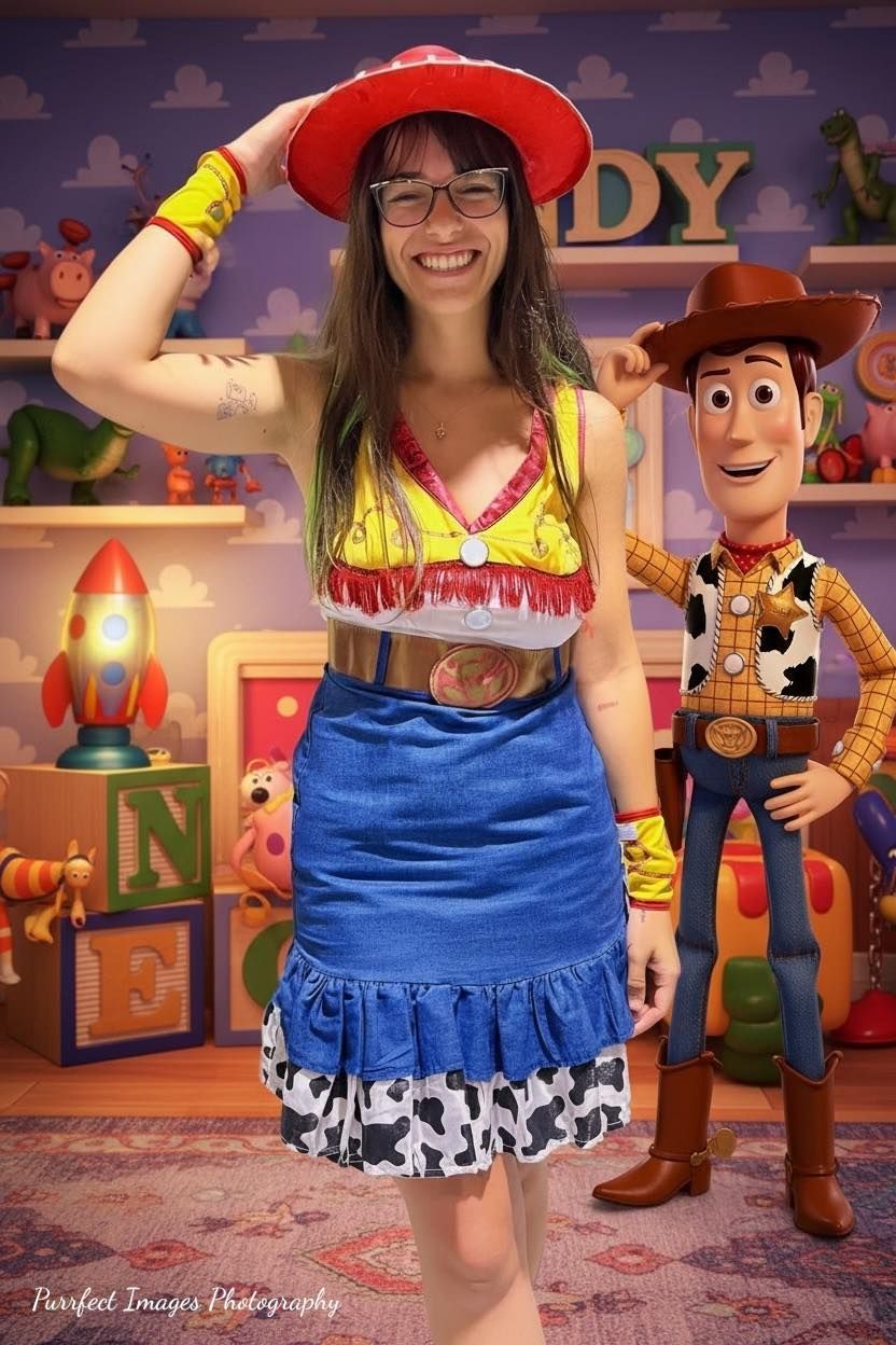 Woman in Jessie Costume Poses With Woody Toy — Costumes Galore in Maroochydore, QLD