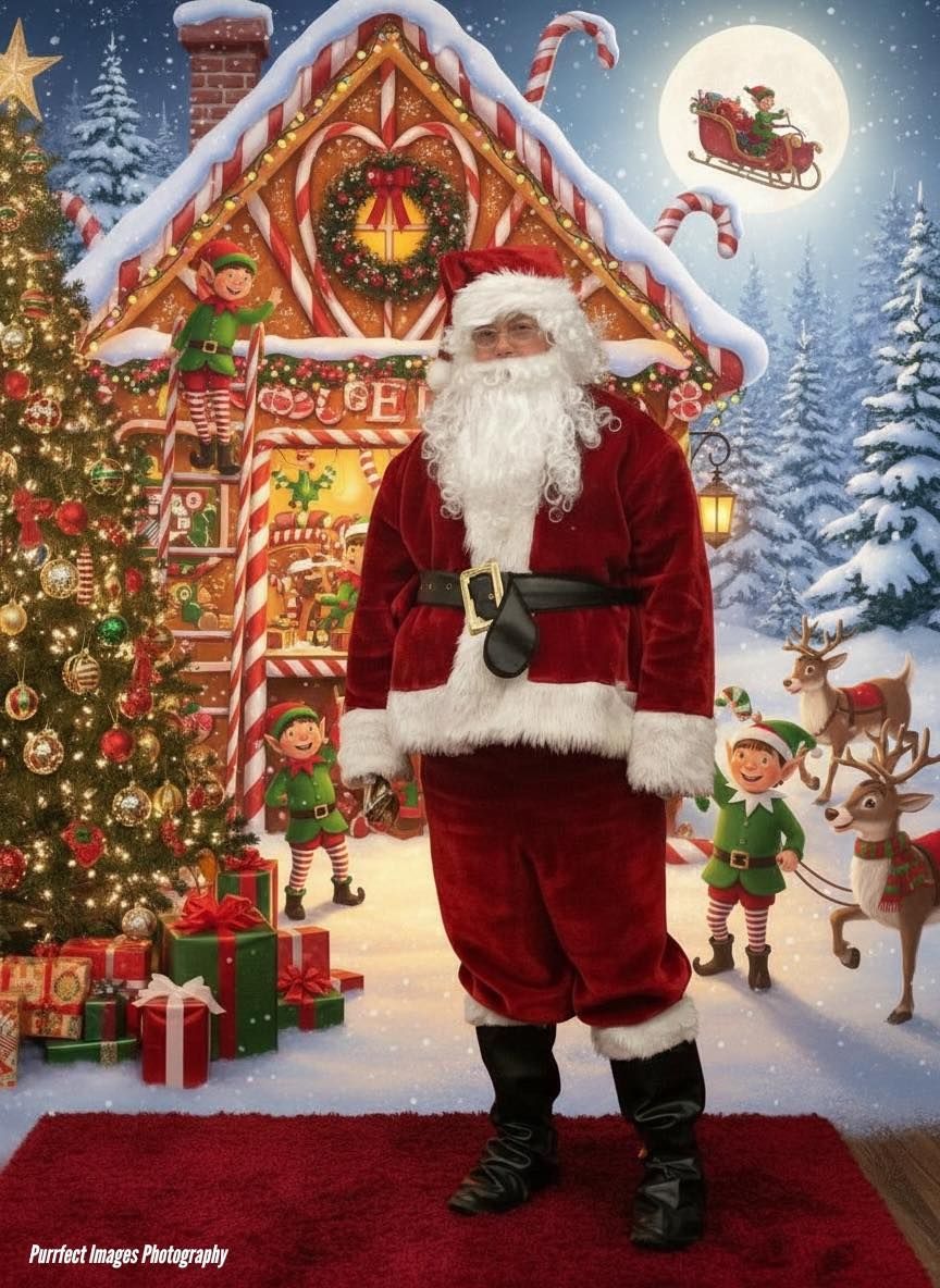 A Man In A Santa Claus Costume Behind A Gingerbread House — Costumes Galore in Maroochydore, QLD