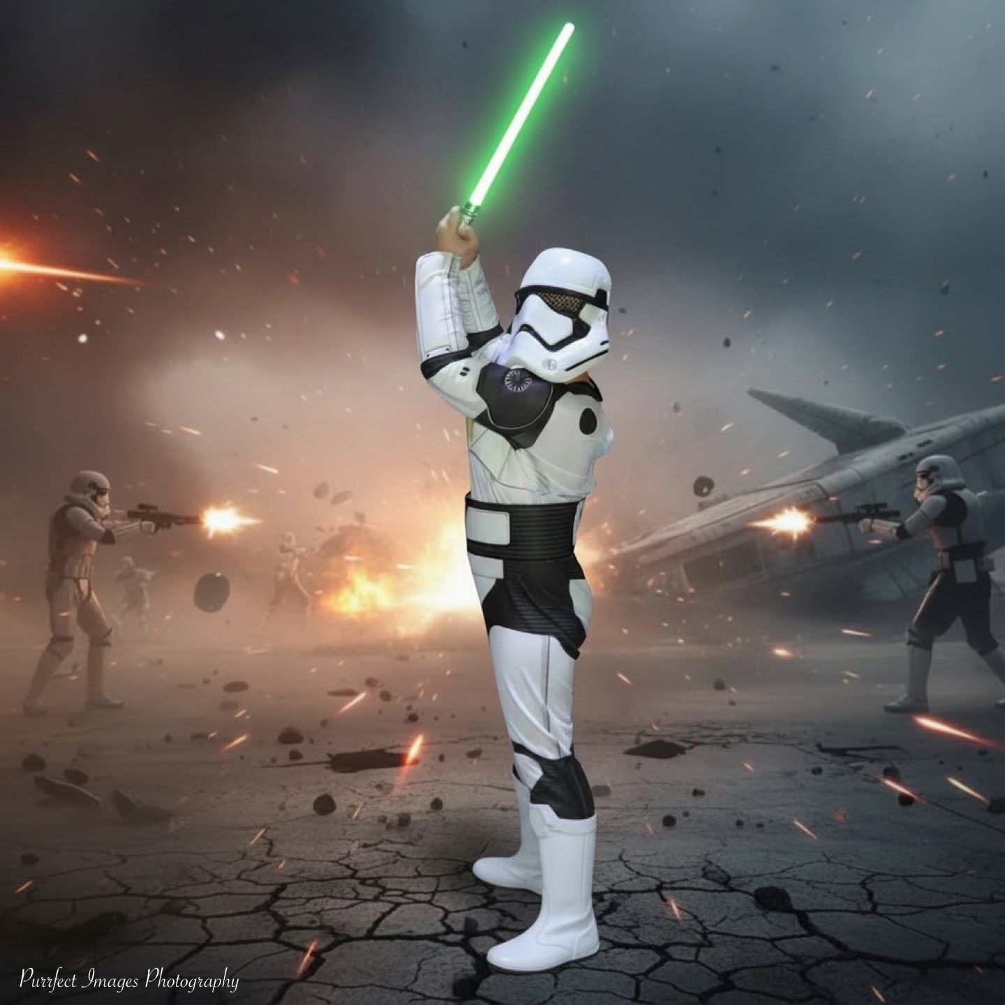 Child in a Star Wars Costume With a Green Lightsaber in a War Background — Costumes Galore in Maroochydore, QLD