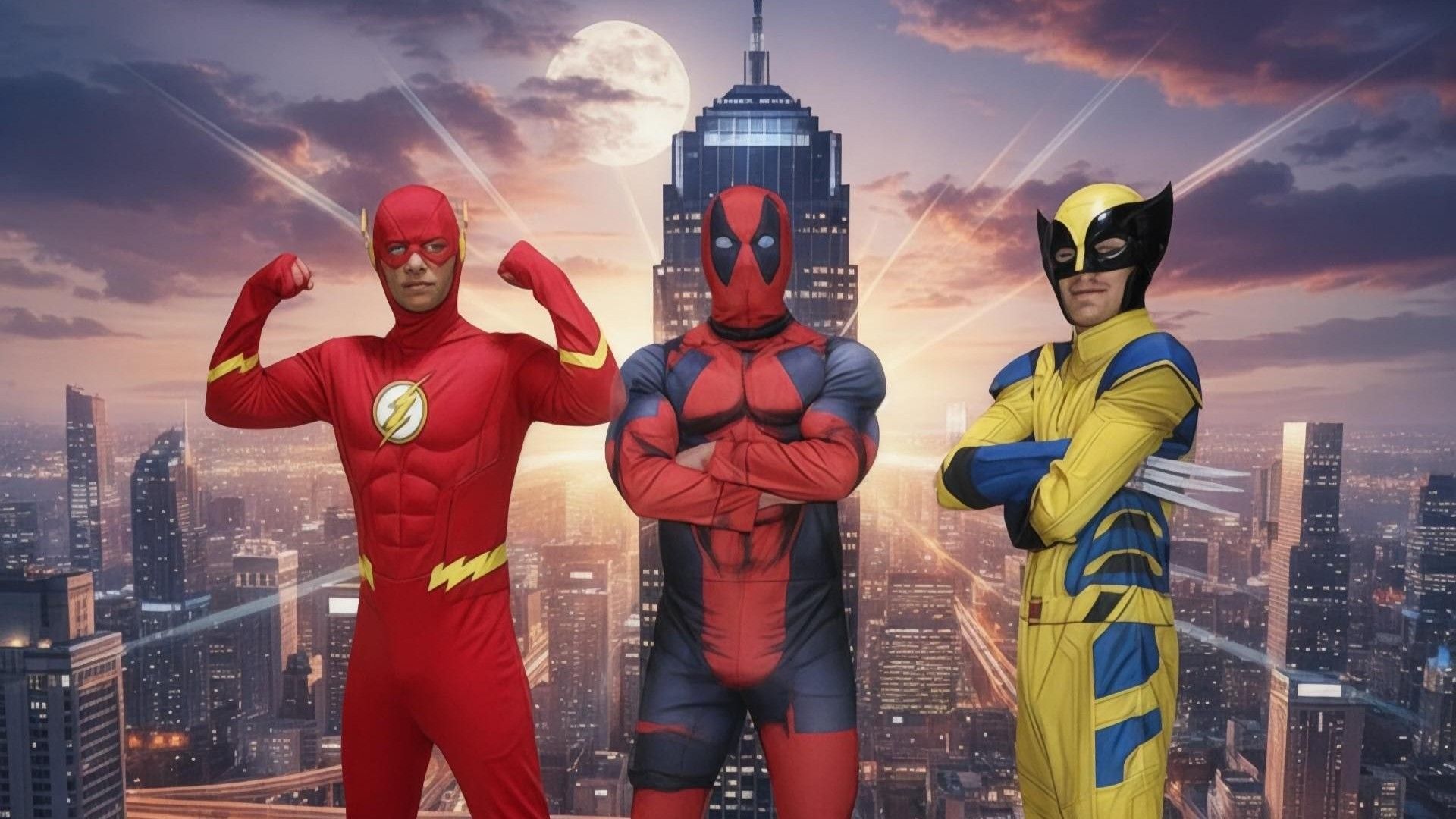 Boys In a Flash Costume, Wolverine Costume, and Deadpool Costume Posing for a Photo — Costumes Galore In Maroochydore, QLD