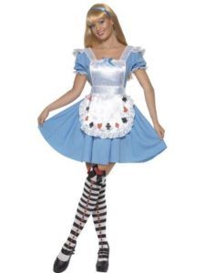 Woman in Alice in Wonderland Costume With Blue Dress, Apron, and Striped Stockings — Costumes Galore in Maroochydore, QLD