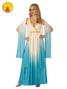 Woman in Blue and White Grecian Goddess Costume, Arms Outstretched — Costumes Galore in Maroochydore, QLD