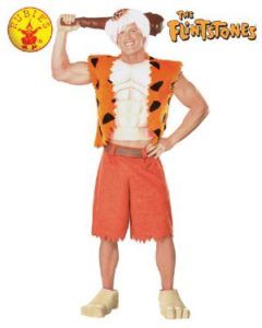Man in Fred Flintstone Costume, Orange Shorts, Vest, and Club, Holding Club Over Head — Costumes Galore in Maroochydore, QLD