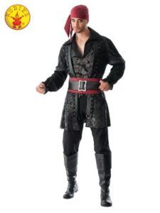 Man in Black Pirate Costume With Red Sash and Bandana — Costumes Galore in Maroochydore, QLD