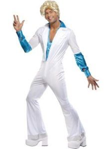 Man in White Disco Costume With Platform Shoes, Blue Accents, and a Blond Wig, Posing — Costumes Galore in Maroochydore, QLD
