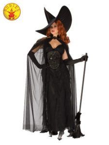 Woman in a Black Witch Costume With a Large Hat, Holding a Broom — Costumes Galore in Maroochydore, QLD