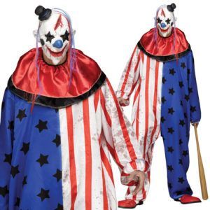 Clown Costume With a White Mask, Red and Blue Outfit, and a Baseball Bat — Costumes Galore in Maroochydore, QLD