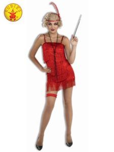 Woman in Red Flapper Costume, Holding Cigarette Holder, Wearing Headband — Costumes Galore in Maroochydore, QLD
