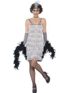Woman in a Silver Flapper Costume With Matching Headband, Gloves, and Black Boa — Costumes Galore in Maroochydore, QLD