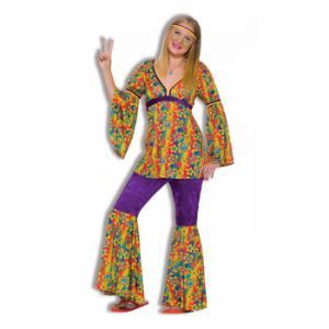 Woman in Colourful 1960s Style Flower-power Costume With Peace Sign — Costumes Galore in Maroochydore, QLD