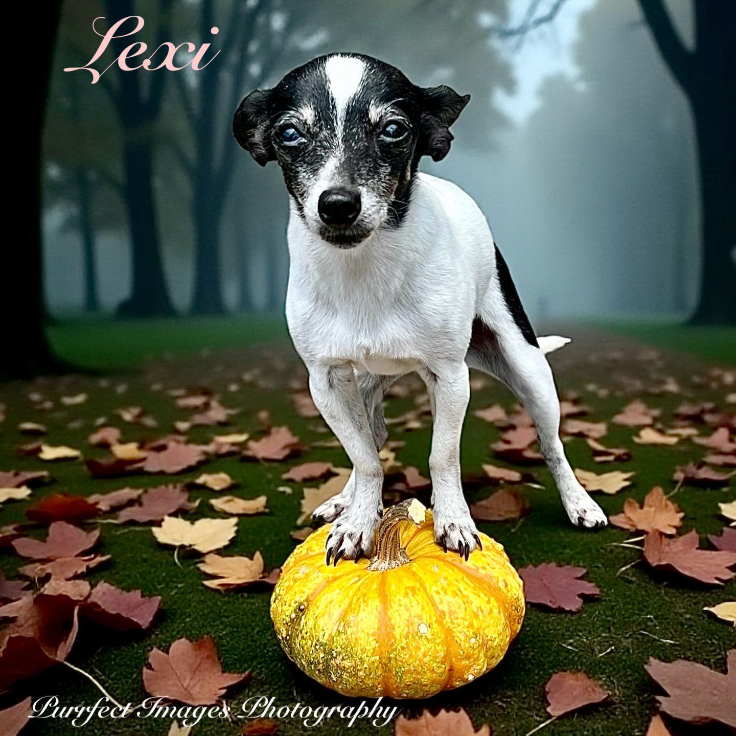 Lexi, a Small Black and White Dog, Standing on a Yellow Pumpkin — Costumes Galore in Maroochydore, QLD