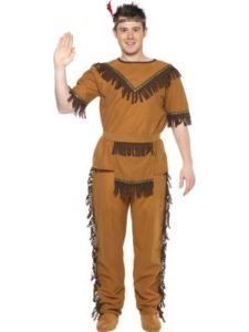 Man in a Brown Native American Costume, Arm Raised, Smiling — Costumes Galore in Maroochydore, QLD