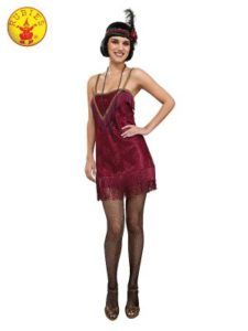 Woman in a Burgundy Flapper Costume With a Beaded Necklace, and a Headband — Costumes Galore in Maroochydore, QLD