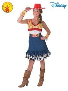 Woman in a Jessie Costume From Toy Story, Wearing a Red Hat, and Blue Skirt — Costumes Galore in Maroochydore, QLD