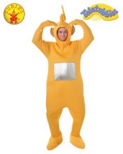 Person Wearing a Yellow Teletubbies Costume, Arms Raised, With Head and Feet Enclosed — Costumes Galore in Maroochydore, QLD