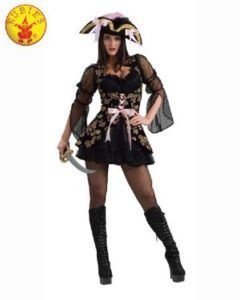 Woman in a Black and Gold Pirate Costume With a Hat, Sword, and Boots, Standing — Costumes Galore in Maroochydore, QLD