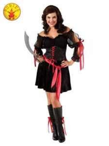 Woman in Black Pirate Costume Holding a Sword, With Red Accents — Costumes Galore in Maroochydore, QLD