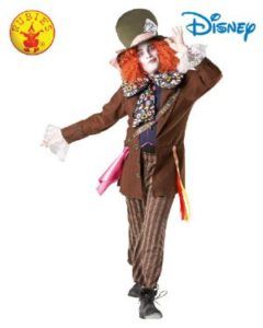 Mad Hatter Costume, Brown Jacket, Striped Pants, Waving, With Orange Wig and Top Hat  — Costumes Galore in Maroochydore, QLD