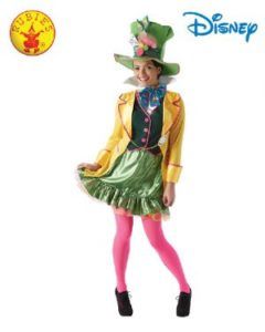 Woman in Mad Hatter Costume: Green Hat, Yellow Jacket, Pink Tights, Black Shoes — Costumes Galore in Maroochydore, QLD