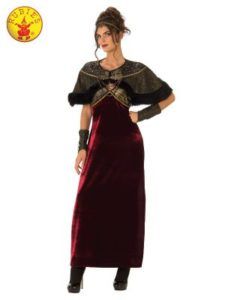 Woman in Burgundy Velvet Costume With Black Cape and Wrist Cuffs — Costumes Galore in Maroochydore, QLD