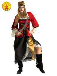 Woman in Red and Black Pirate Costume, Holding Sword, Standing With One Leg Up — Costumes Galore in Maroochydore, QLD