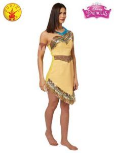 Woman Wearing a Yellow Pocahontas Costume. Dress Has Fringe and Sequin Detailing — Costumes Galore in Maroochydore, QLD