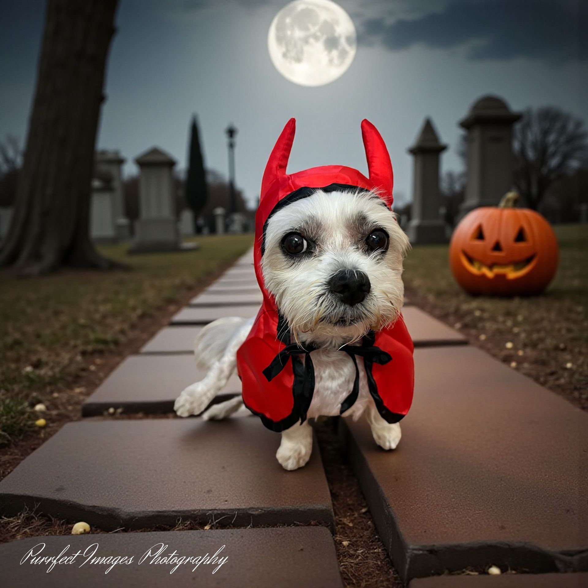 Dog Wear a Devil Costume, in a Cemetery on a Brick Path — Costumes Galore in Maroochydore, QLD