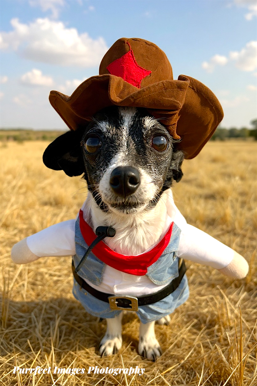 Dog In Sheriff Costume, Wearing Hat, Vest, and Overalls, Standing in Field — Costumes Galore In Maroochydore, QLD