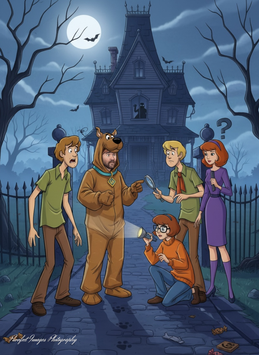 Scooby-doo Gang with a Man in Scooby Doo Costume Outside a Haunted House, Investigating — Costumes Galore in Maroochydore, QLD